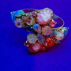 Vintage Hinged Statement Bracelet Pink Blue Amber Stunning